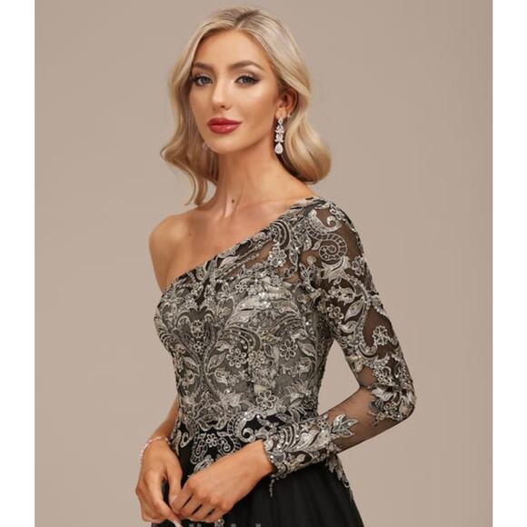 JJs House Black and Silver One-Shoulder Prom Dress - Picture 2 of 9